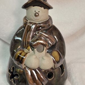 Ceramic Snowman Candle Holder - Dark Green and Cream